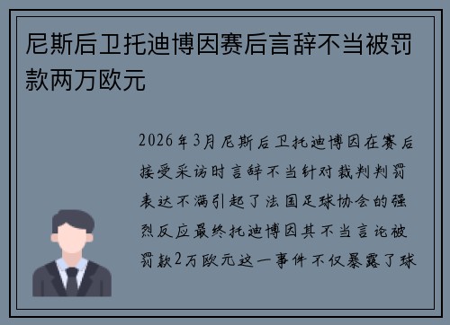 尼斯后卫托迪博因赛后言辞不当被罚款两万欧元 尼斯后卫托迪博因赛后言辞不当被罚款两万欧元